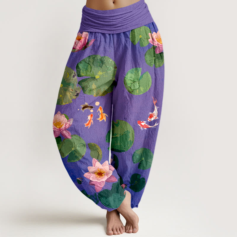 Breathable Cotton Koi Lotus Print Harem Meditation Pants