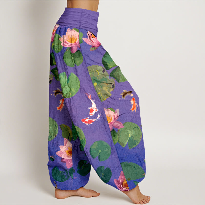 Breathable Cotton Koi Lotus Print Harem Meditation Pants