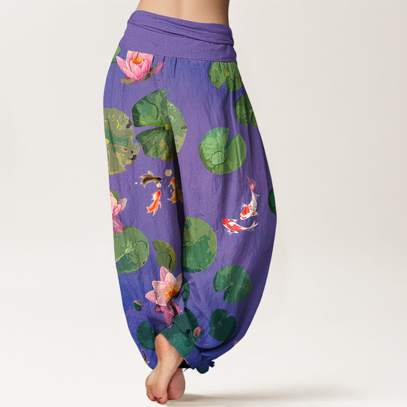 Breathable Cotton Koi Lotus Print Harem Meditation Pants