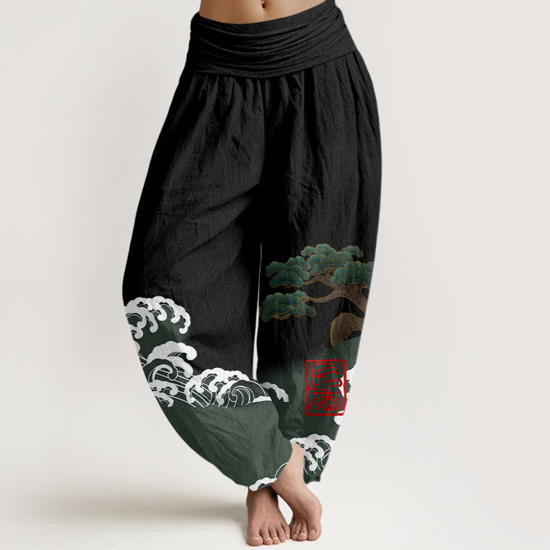 Artisanal Cotton Pine Wave Print Elastic Waist Harem Meditation Pants