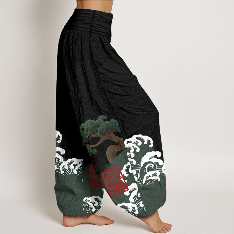 Artisanal Cotton Pine Wave Print Elastic Waist Harem Meditation Pants
