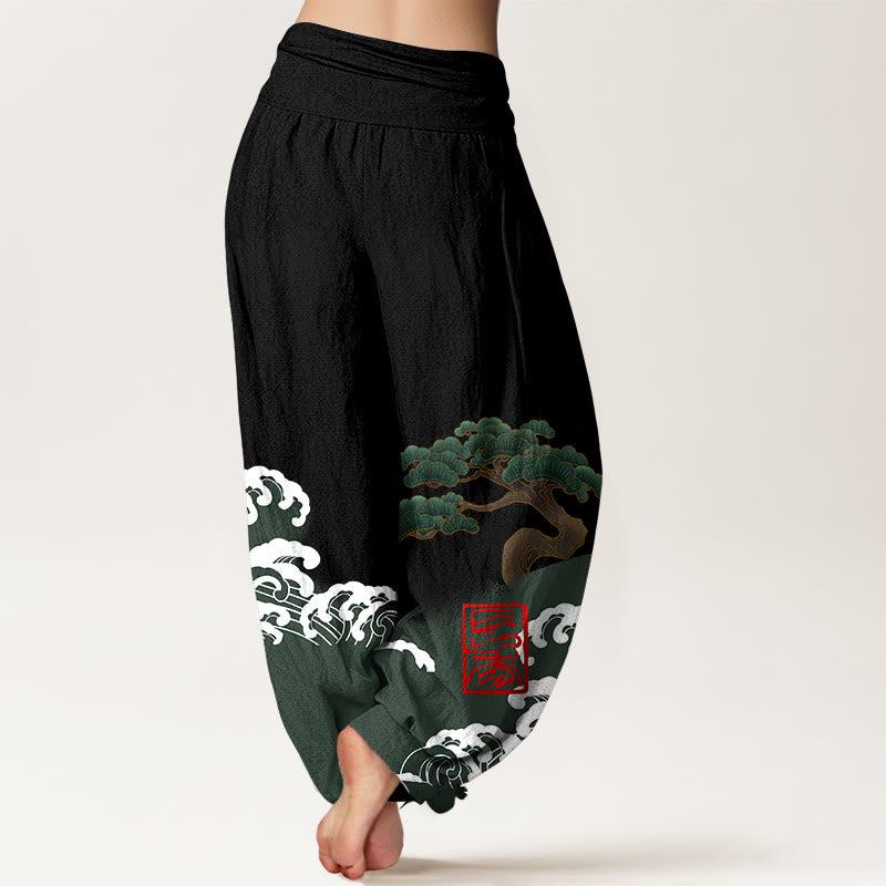 Artisanal Cotton Pine Wave Print Elastic Waist Harem Meditation Pants