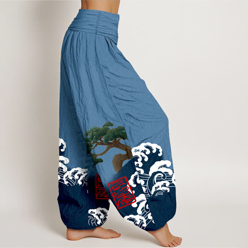 Artisanal Cotton Pine Wave Print Elastic Waist Harem Meditation Pants