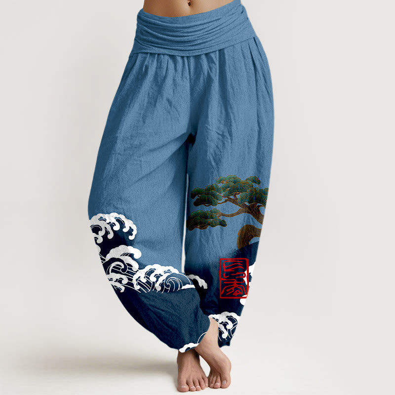 Artisanal Cotton Pine Wave Print Elastic Waist Harem Meditation Pants