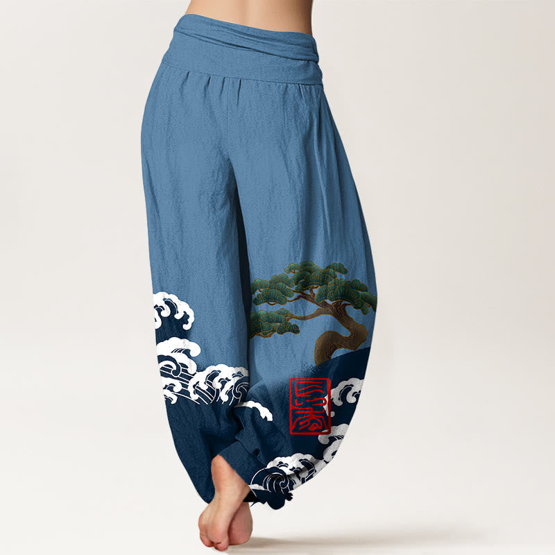 Artisanal Cotton Pine Wave Print Elastic Waist Harem Meditation Pants