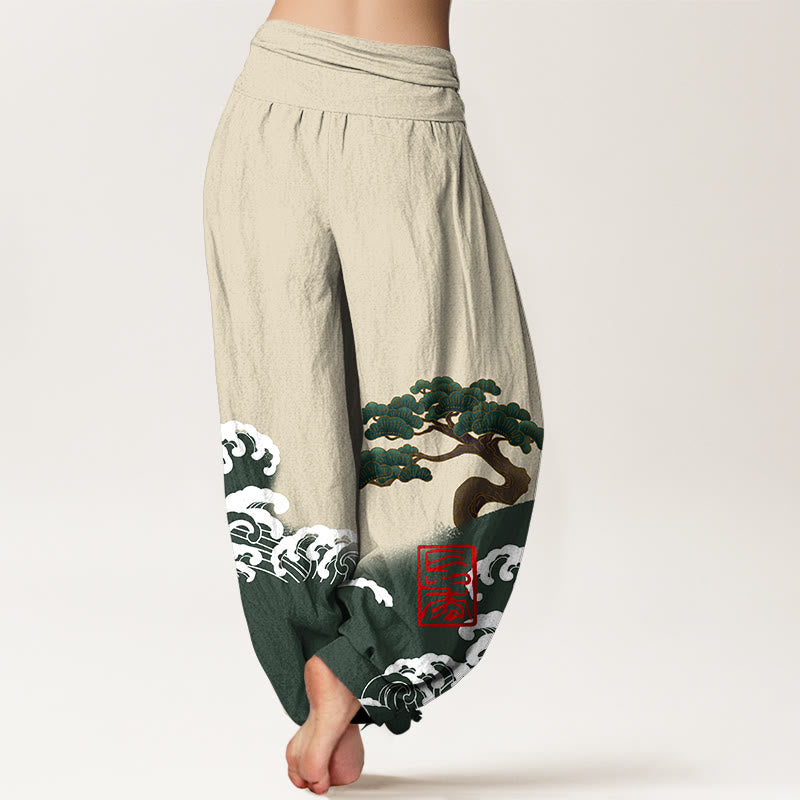 Artisanal Cotton Pine Wave Print Elastic Waist Harem Meditation Pants