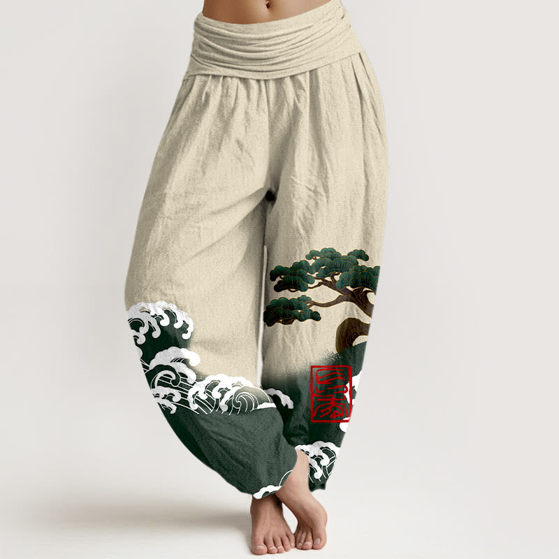 Artisanal Cotton Pine Wave Print Elastic Waist Harem Meditation Pants
