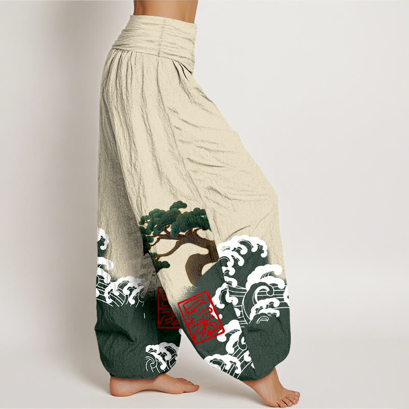 Artisanal Cotton Pine Wave Print Elastic Waist Harem Meditation Pants