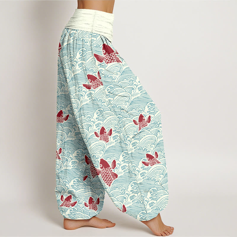Breathable Cotton Koi Wave Print Mindful Harem Pants