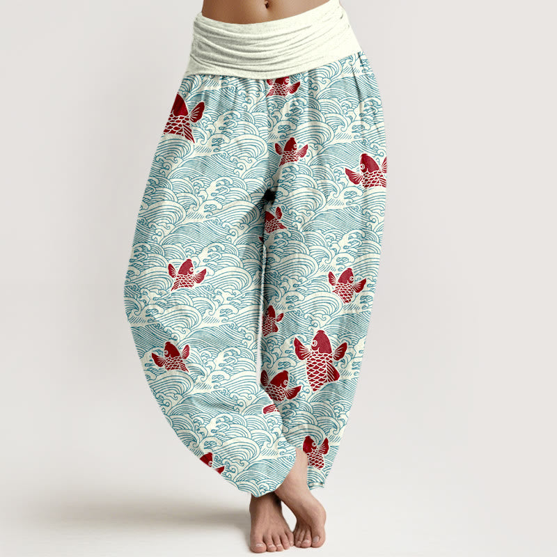 Breathable Cotton Koi Wave Print Mindful Harem Pants