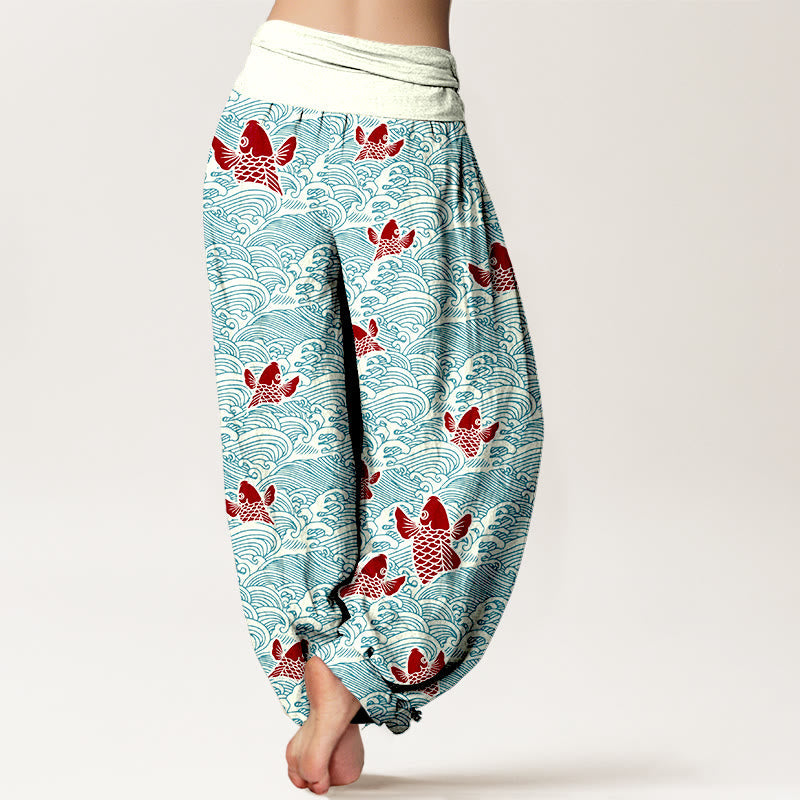 Breathable Cotton Koi Wave Print Mindful Harem Pants