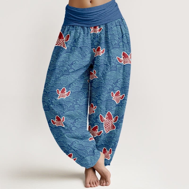 Breathable Cotton Koi Wave Print Mindful Harem Pants