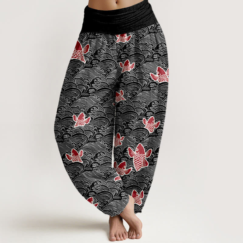 Breathable Cotton Koi Wave Print Mindful Harem Pants