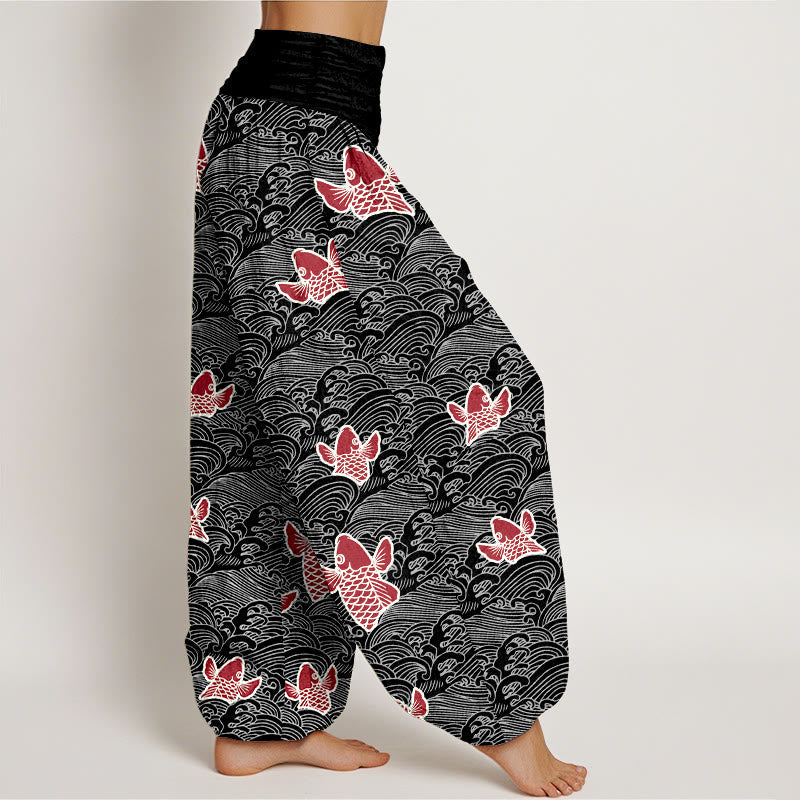 Breathable Cotton Koi Wave Print Mindful Harem Pants