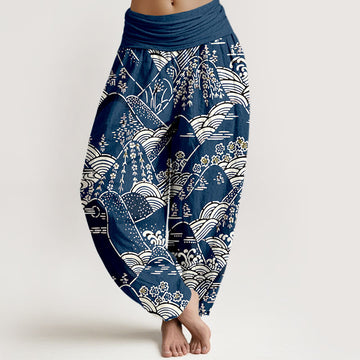 Printed Mountains Waves Floral Pattern Women's Elastic Waist Harem Pure Cotton Pants