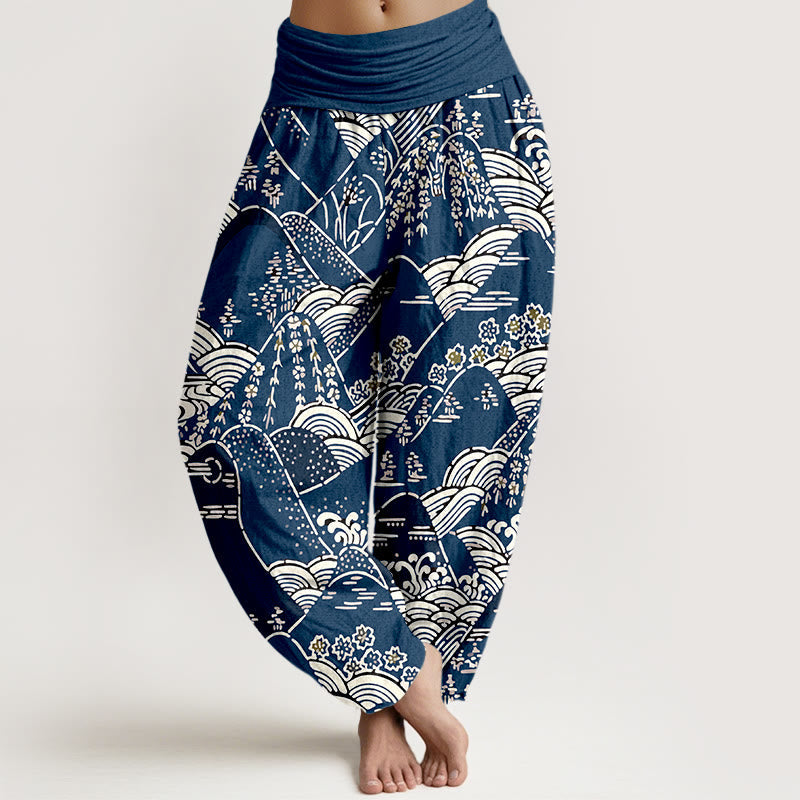 Printed Mountains Waves Floral Pattern Women's Elastic Waist Harem Pure Cotton Pants