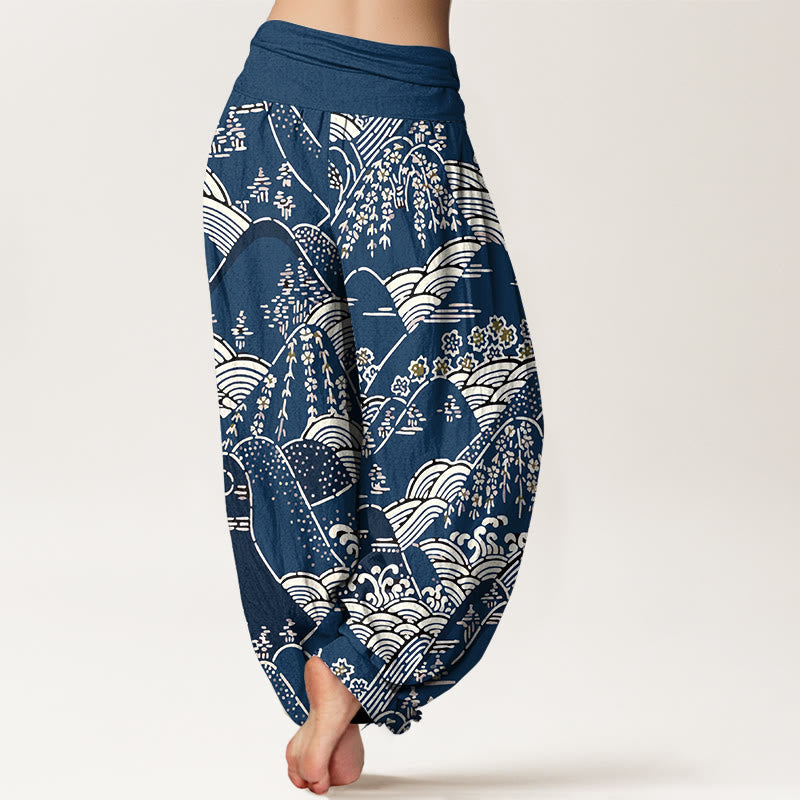 Printed Mountains Waves Floral Pattern Women's Elastic Waist Harem Pure Cotton Pants