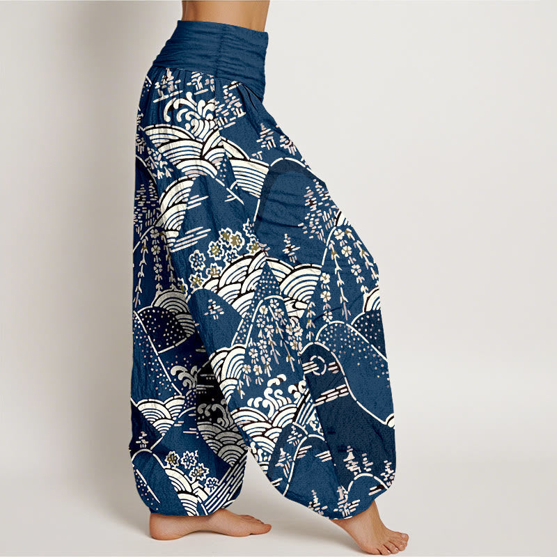 Printed Mountains Waves Floral Pattern Women's Elastic Waist Harem Pure Cotton Pants