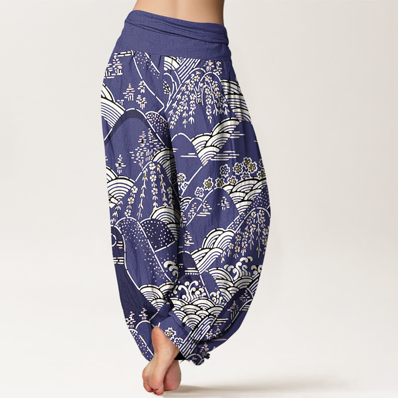 Printed Mountains Waves Floral Pattern Women's Elastic Waist Harem Pure Cotton Pants