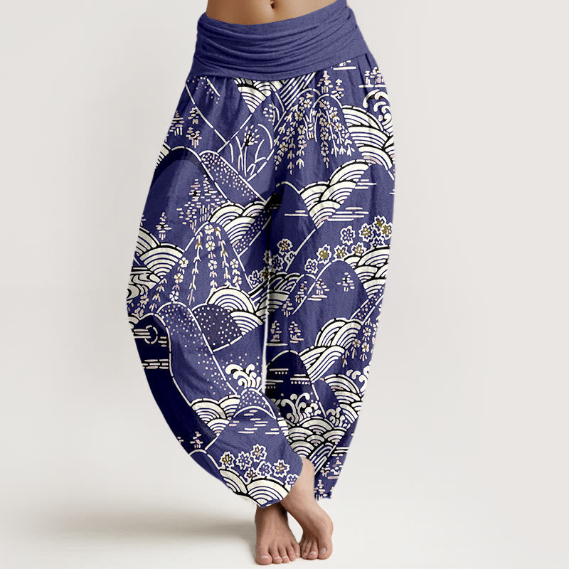 Printed Mountains Waves Floral Pattern Women's Elastic Waist Harem Pure Cotton Pants