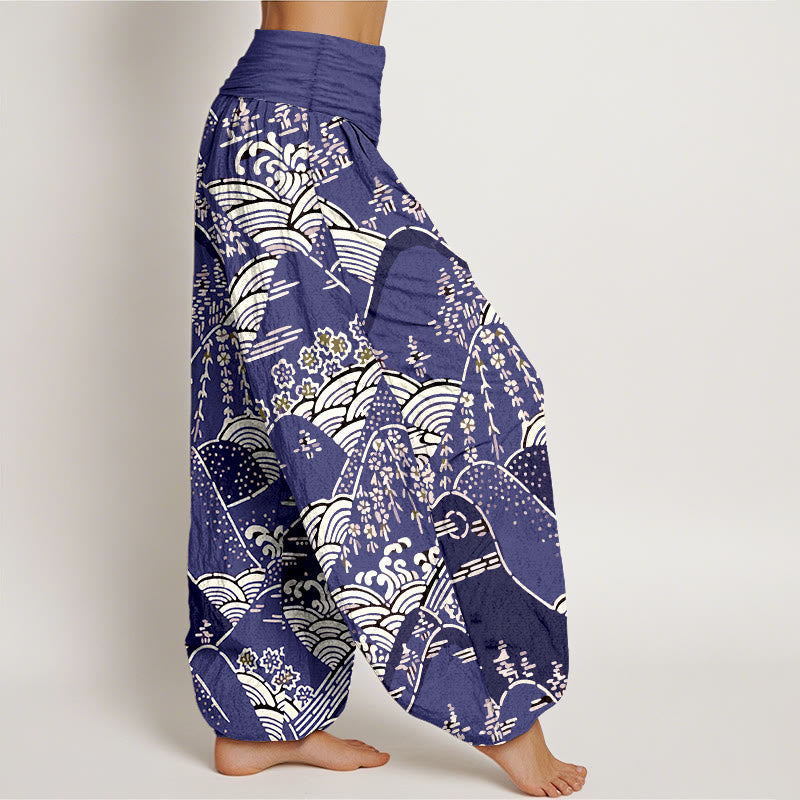 Printed Mountains Waves Floral Pattern Women's Elastic Waist Harem Pure Cotton Pants