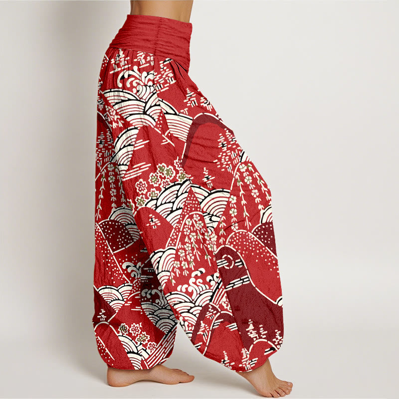 Printed Mountains Waves Floral Pattern Women's Elastic Waist Harem Pure Cotton Pants