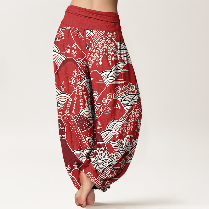 Printed Mountains Waves Floral Pattern Women's Elastic Waist Harem Pure Cotton Pants