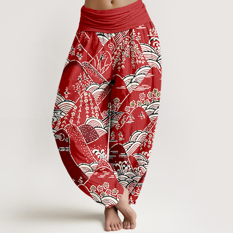 Printed Mountains Waves Floral Pattern Women's Elastic Waist Harem Pure Cotton Pants