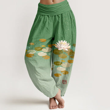 Pure Cotton Lotus Print Adaptive Waist Meditation Harem Pants