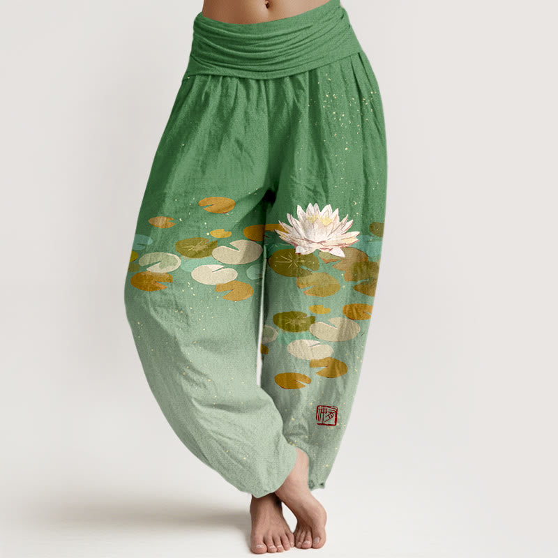 Pure Cotton Lotus Print Adaptive Waist Meditation Harem Pants