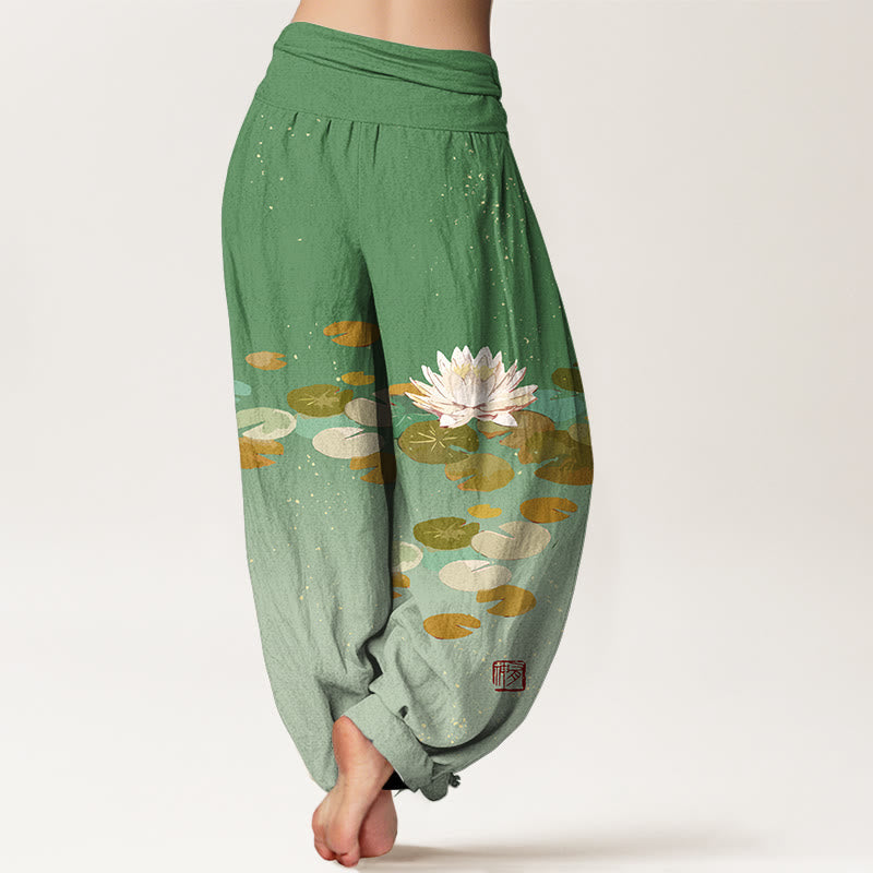 Pure Cotton Lotus Print Adaptive Waist Meditation Harem Pants