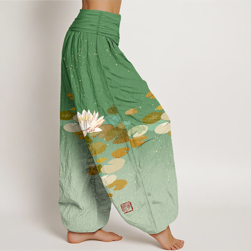 Pure Cotton Lotus Print Adaptive Waist Meditation Harem Pants