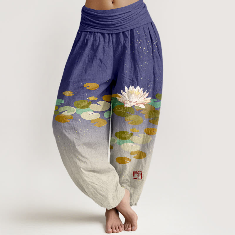 Pure Cotton Lotus Print Adaptive Waist Meditation Harem Pants