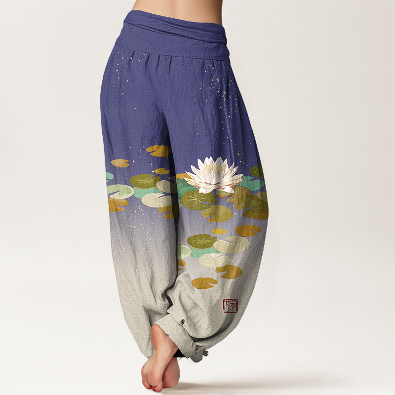 Pure Cotton Lotus Print Adaptive Waist Meditation Harem Pants