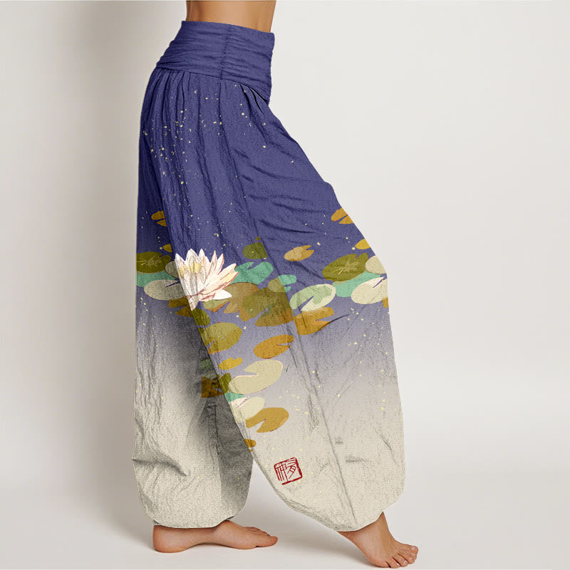 Pure Cotton Lotus Print Adaptive Waist Meditation Harem Pants