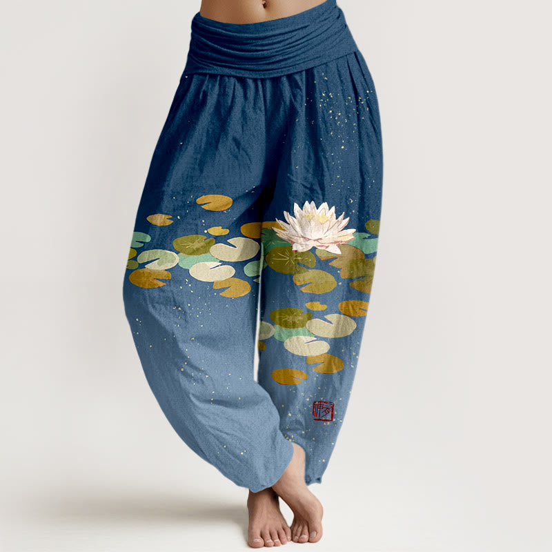 Pure Cotton Lotus Print Adaptive Waist Meditation Harem Pants