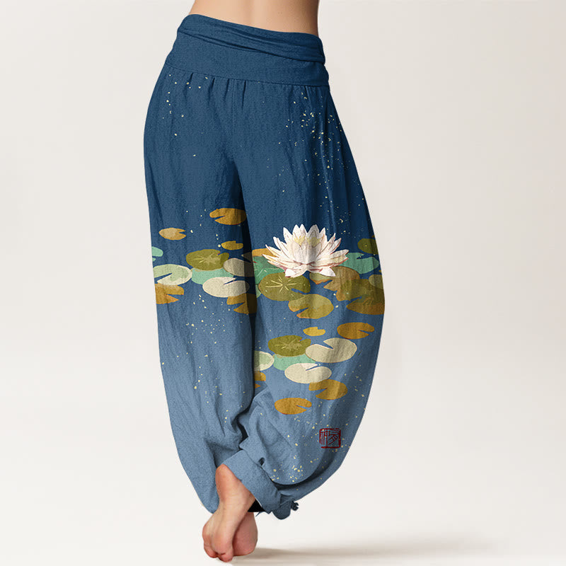 Pure Cotton Lotus Print Adaptive Waist Meditation Harem Pants