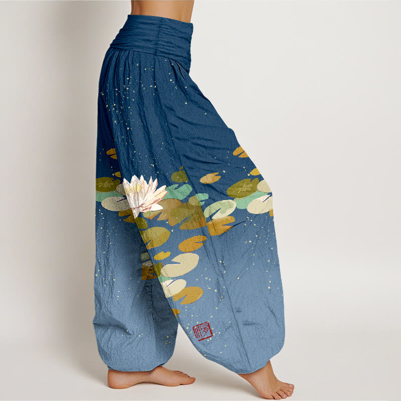 Pure Cotton Lotus Print Adaptive Waist Meditation Harem Pants