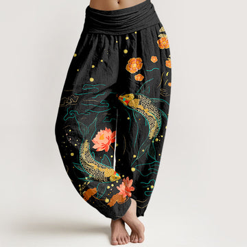 Tactile Cotton Koi Lotus Print Meditation Harem Pants