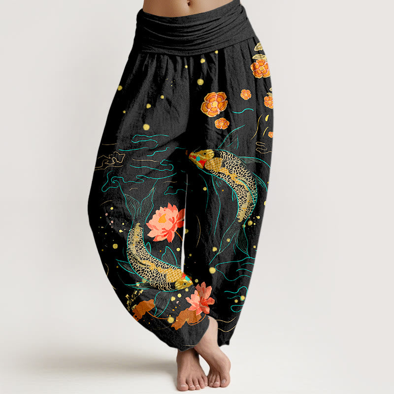 Tactile Cotton Koi Lotus Print Meditation Harem Pants