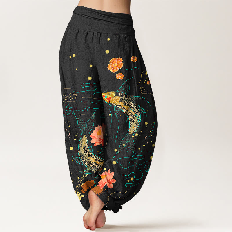 Tactile Cotton Koi Lotus Print Meditation Harem Pants