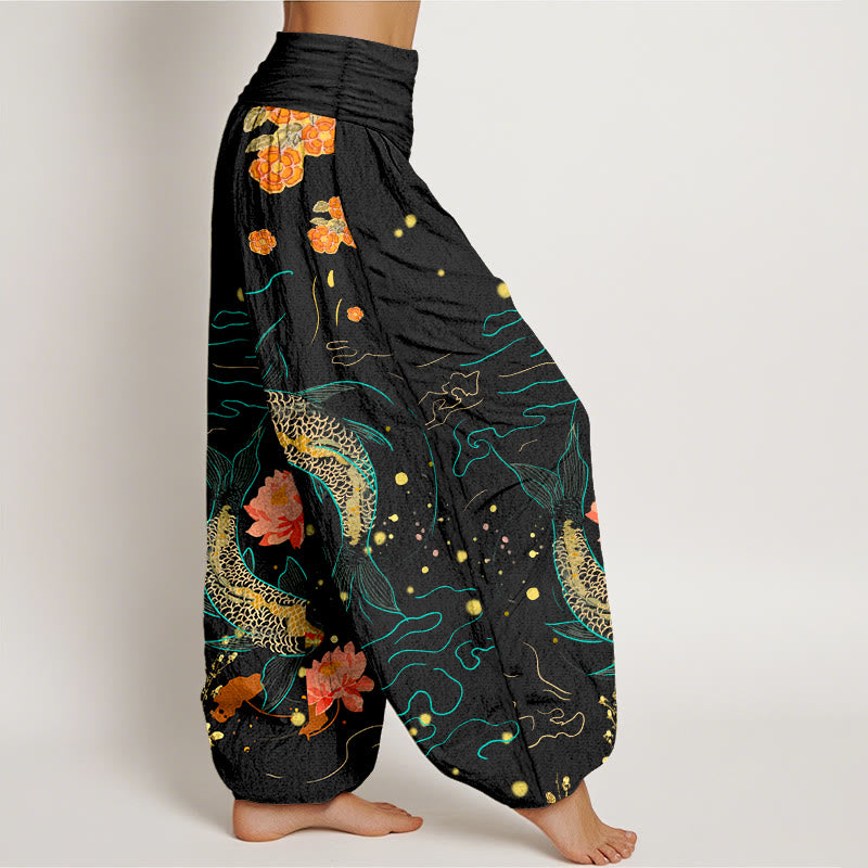 Tactile Cotton Koi Lotus Print Meditation Harem Pants