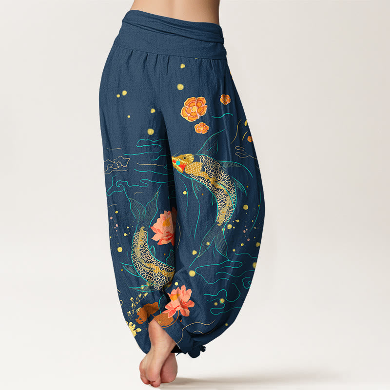 Tactile Cotton Koi Lotus Print Meditation Harem Pants