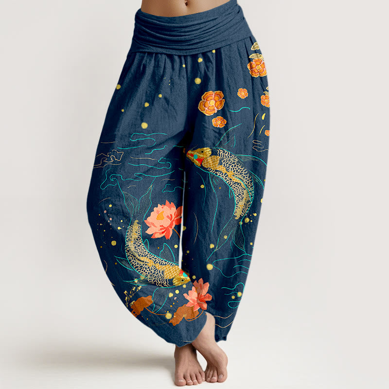 Tactile Cotton Koi Lotus Print Meditation Harem Pants