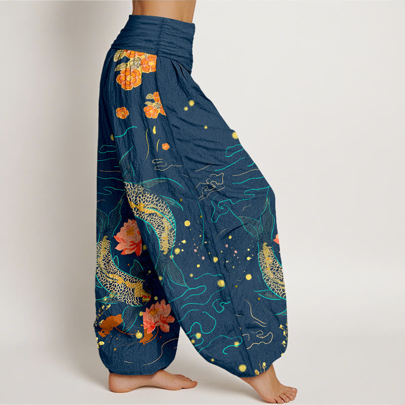 Tactile Cotton Koi Lotus Print Meditation Harem Pants