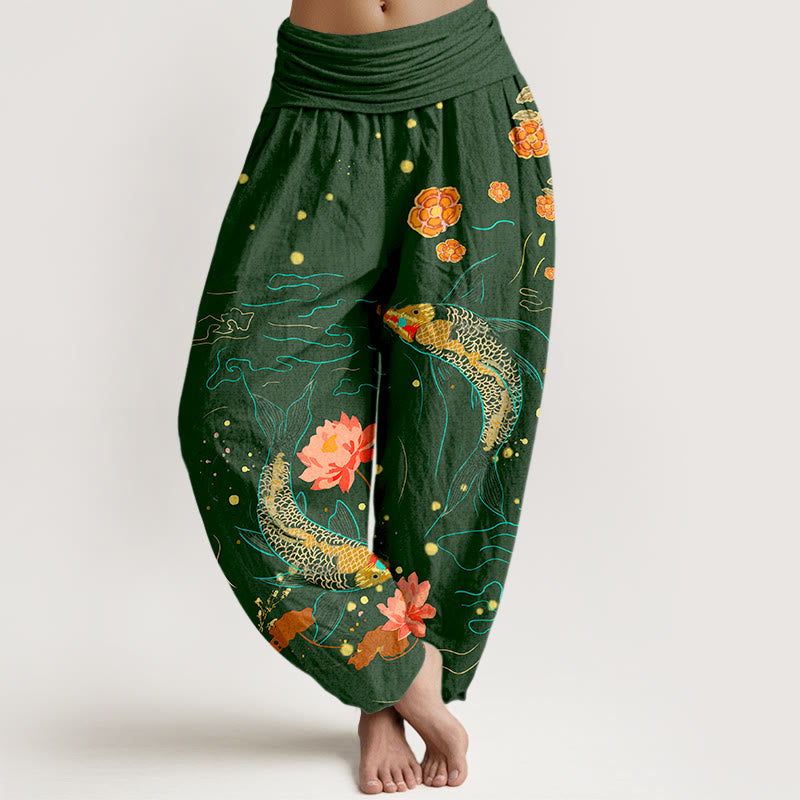 Tactile Cotton Koi Lotus Print Meditation Harem Pants