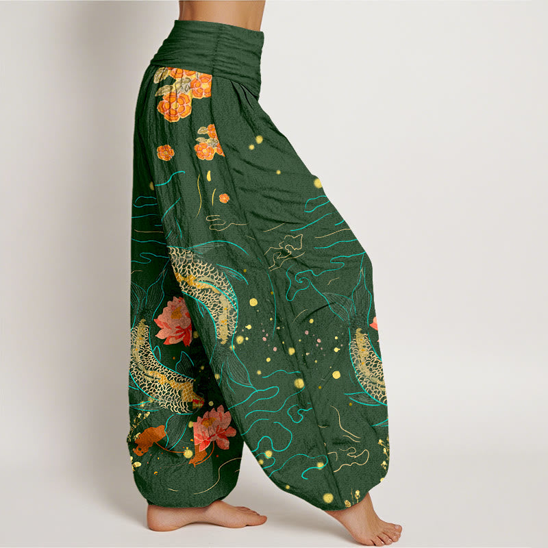 Tactile Cotton Koi Lotus Print Meditation Harem Pants
