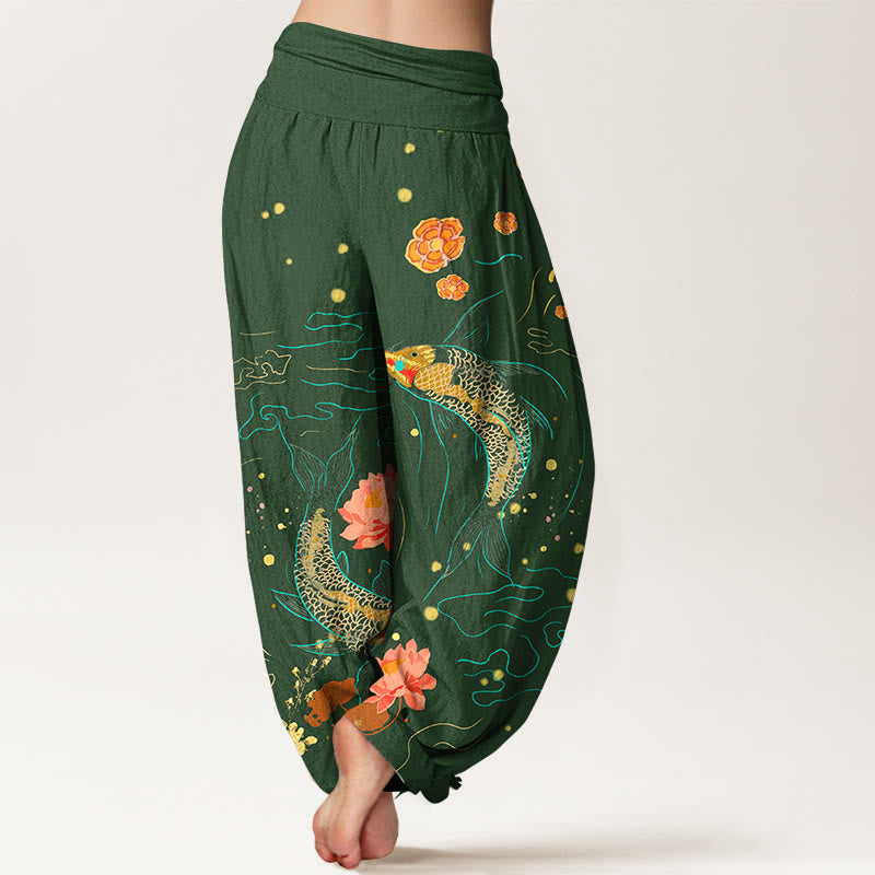 Tactile Cotton Koi Lotus Print Meditation Harem Pants