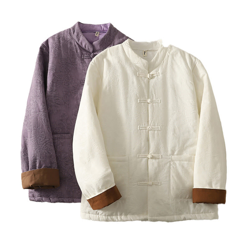 Women's Solid Color Frog-Button Design Long Sleeve Cotton Jacket With Pockets