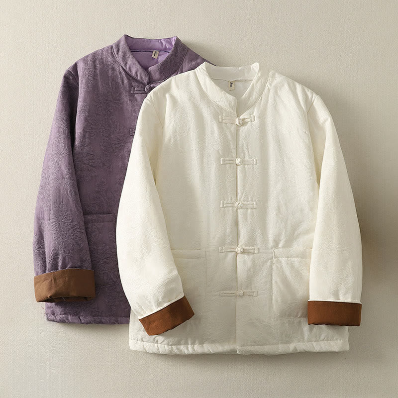 Women's Solid Color Frog-Button Design Long Sleeve Cotton Jacket With Pockets